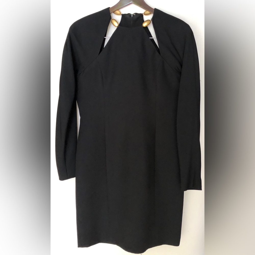 Gillian long sleeve black dress with gold accents, lined and size 8.